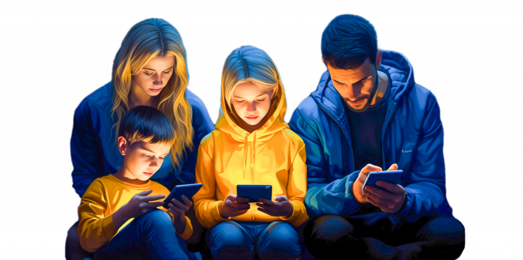 family looking at their phones