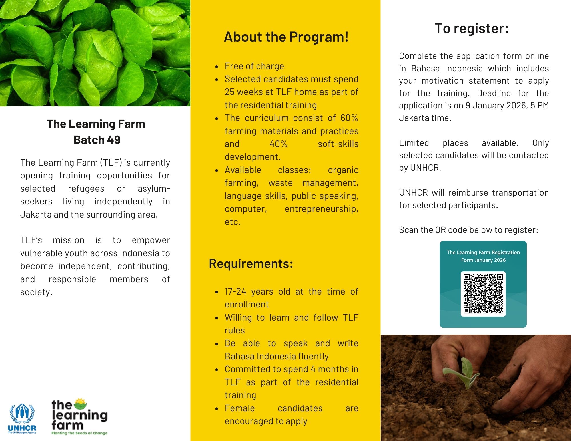 The learning farm training opportunity poster January 2026.