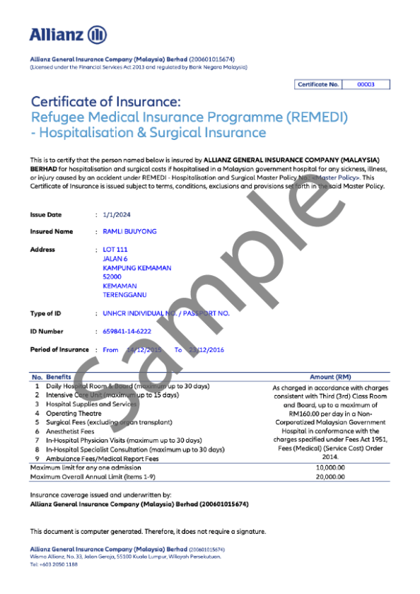 Certificate of insurance sample