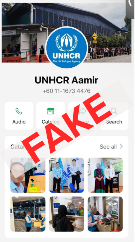 Screenshot of fake UNHCR account on WhatsApp