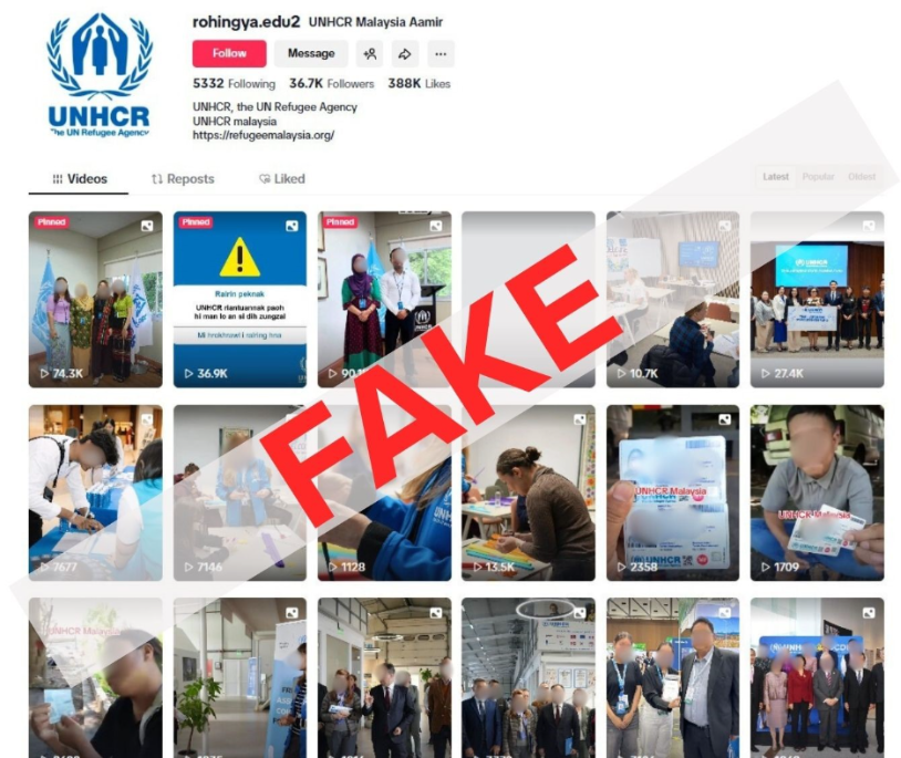 Screenshot of fake UNHCR account on TikTok