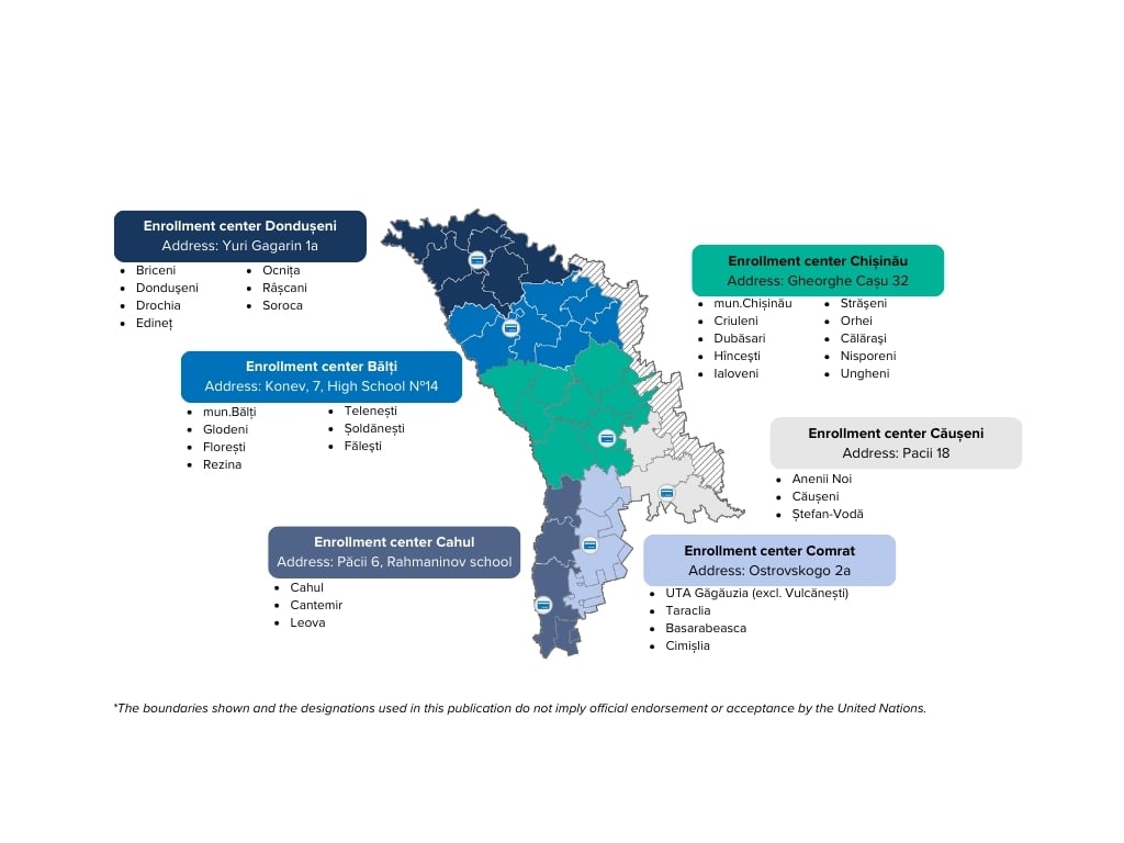 Here there is a map with the location of the different Cash Enrolment Centres by UNHCR in Moldova.
